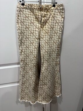 We The Free Cream and Brown Wave-Print Wide Leg Jeans